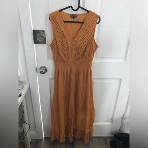 J. Gee Boho Chic Mustard Yellow Orange Tiered Maxi Dress Large Lined Long Dress